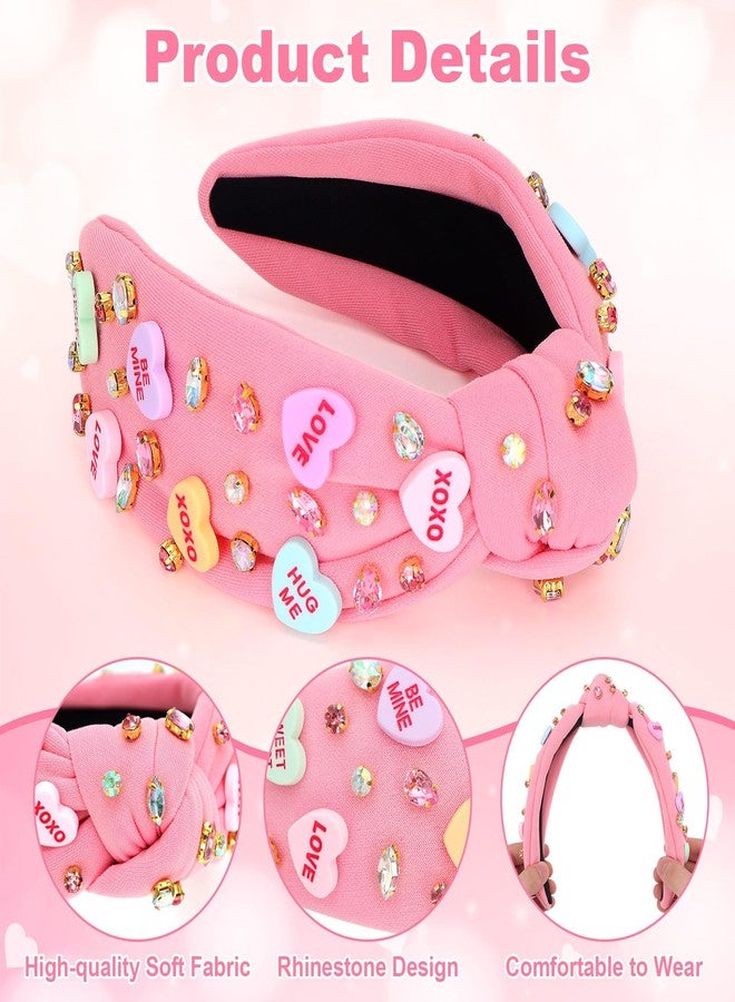 KINYFY Valentine’s Day Headband, Love Heart XOXO Headband for Women, Valentine Rhinestone Crystal Knotted Wide Hairband for Birthday, Engagement, Anniversary Hair Accessories (Pink) - Image 4